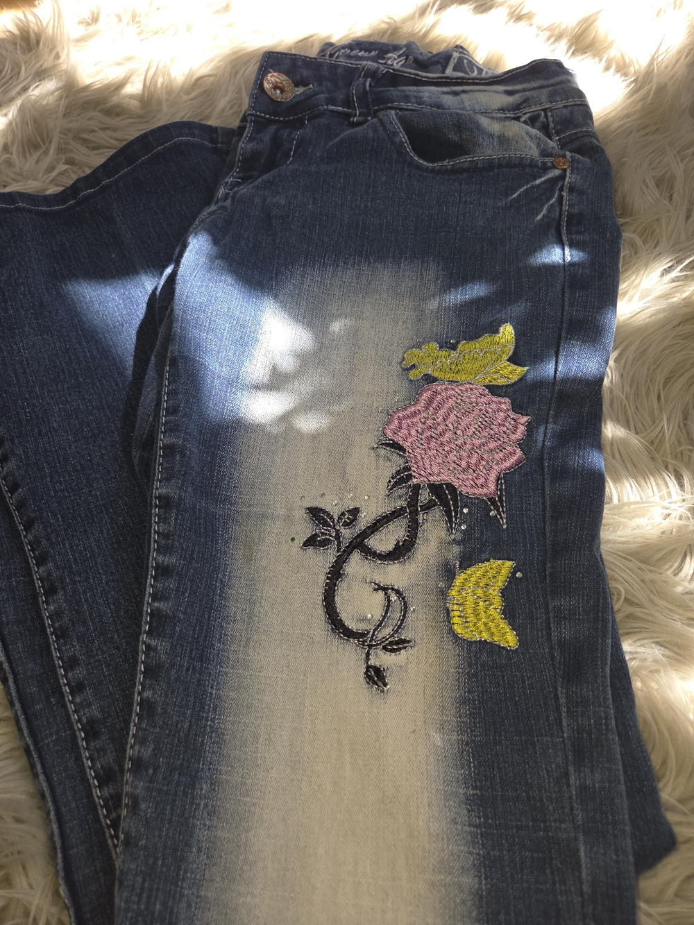 Women’s Dark Blue Embroidered Jeans with Pink Floral Detail